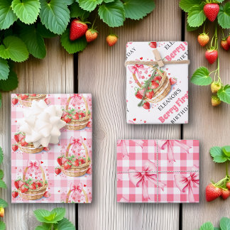 Feuille De Papier Cadeau Fraises et ruban rose Berry Premier Anniversaire