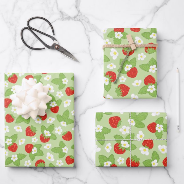 Feuille De Papier Cadeau Fraises Floral Rouge Vert Motif (Recto)