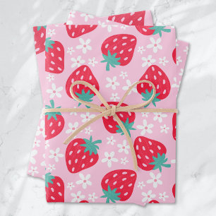 Feuille De Papier Cadeau Fraises marguerites Motif rose rouge