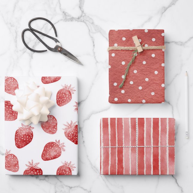 Feuille De Papier Cadeau Fraises Rouges Points Blancs Rayures Anniversaire (Recto)