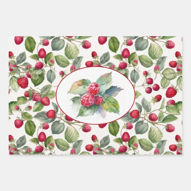 Feuille De Papier Cadeau Framboises Mignonnes Aquarelle (Devant)