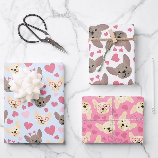 Feuille De Papier Cadeau French Bulldog Heart Motif sans couture (Recto)