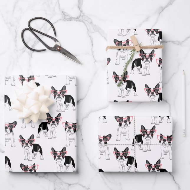 Feuille De Papier Cadeau French Bulldog portant des lunettes roses envelopp (Recto)