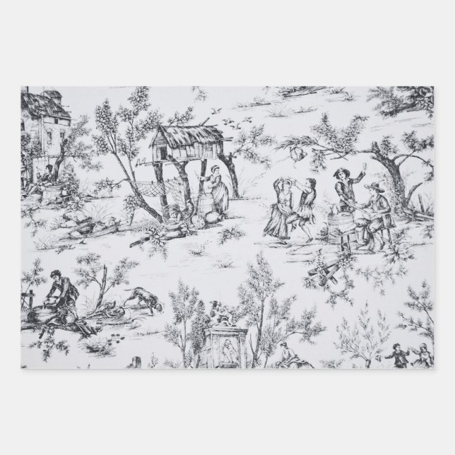 Feuille De Papier Cadeau French toile de jouy classique noir et blanc (Devant)