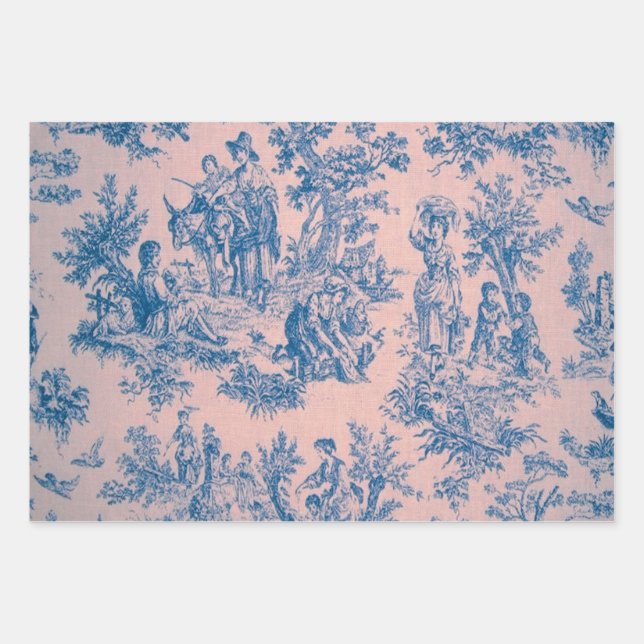 Feuille De Papier Cadeau French toile de jouy Découpage bleu et rose (Devant)