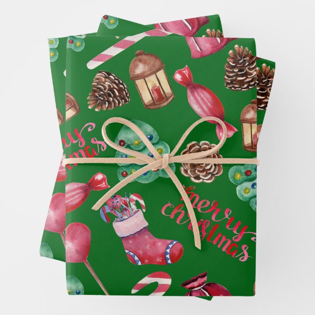 Feuille De Papier Cadeau Friandises et décorations de Noël vertes  (En situation)