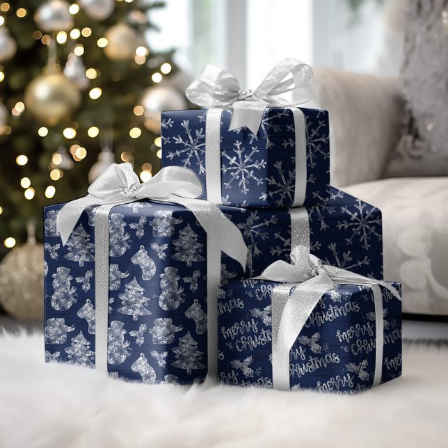 Feuille De Papier Cadeau Frost de Noël en bois bleu rustique (Créateur téléchargé)