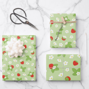 Feuille De Papier Cadeau Fruit fraise Floral Rouge Vert Motif