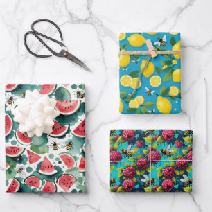 Feuille De Papier Cadeau Fruits Et Abeilles Fruit D'Eau Lemons & Rasberries