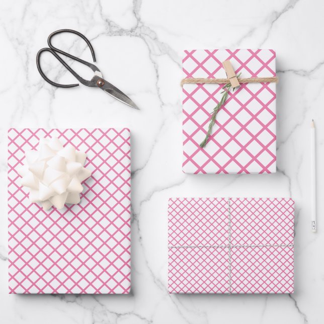 Feuille De Papier Cadeau Fuchsia rose Treillis Diamant - Blanc (Recto)