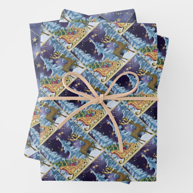 Feuille De Papier Cadeau Full Moon over Reindeer With Sleigh (En situation)