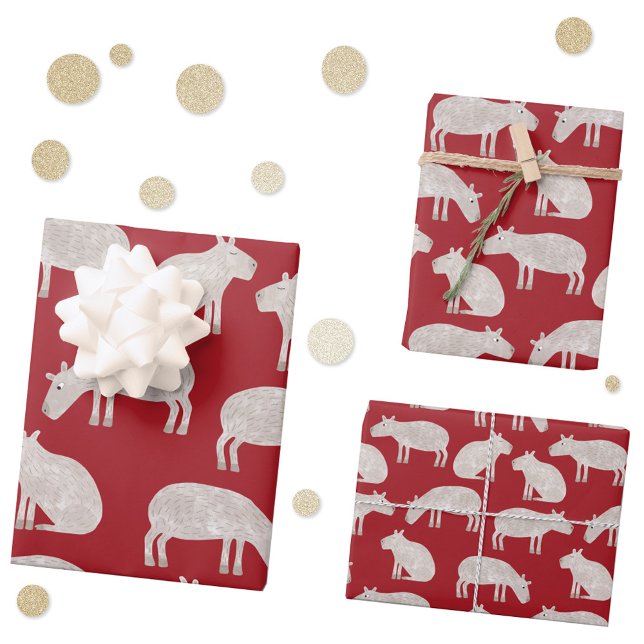 Feuille De Papier Cadeau Fun Capybara Rouge Noël (Fun capybara red pattern Christmas gift wrap for the winter holidays.)