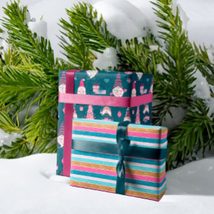 Feuille De Papier Cadeau Fun Colourful Stripe, Gnome et Kisses Christmas