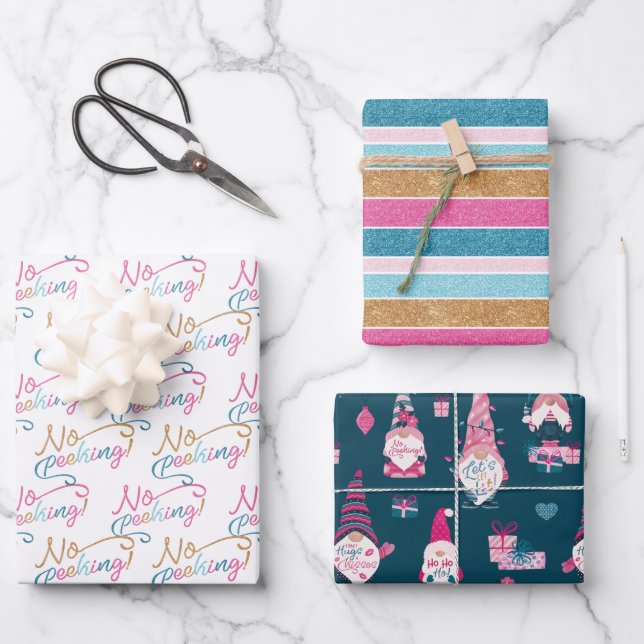 Feuille De Papier Cadeau Fun Colourful Stripe, Gnome et Kisses Christmas (Recto)