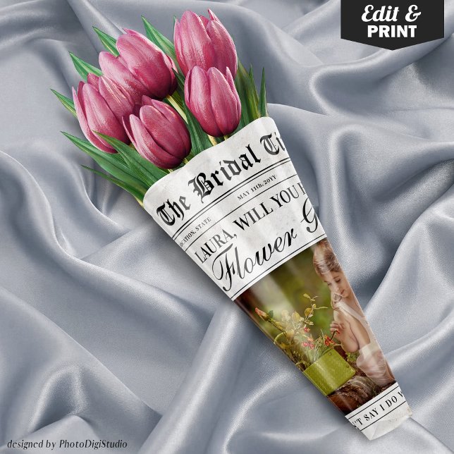 Feuille De Papier Cadeau Fun Flower Girl Proposition de journal Flower Bouq (Editable Fun Flower Girl Proposal Newspaper Flower Bouquet Wrapping Paper Sheets)