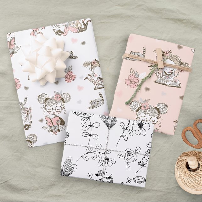 Feuille De Papier Cadeau Fun Girls Livres Rose Noir Lecture Floral (Créateur téléchargé)