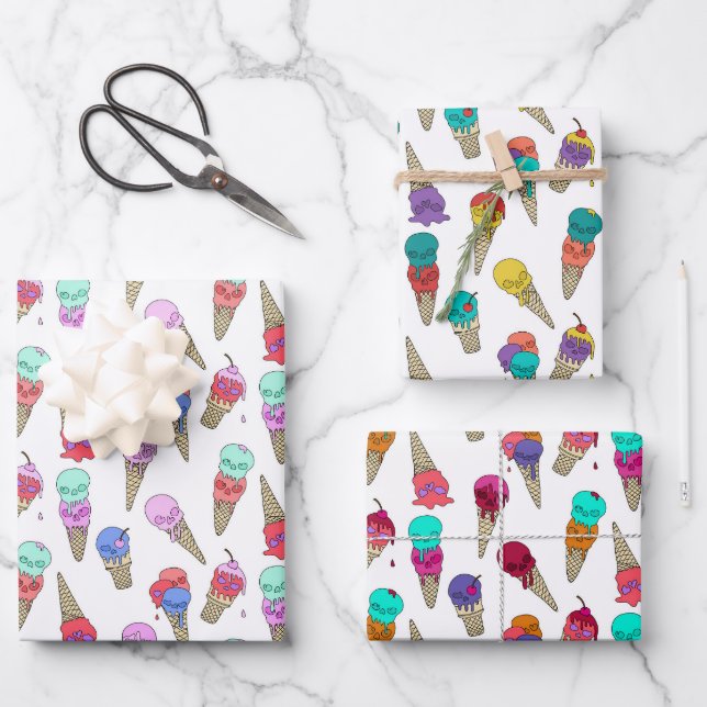 Feuille De Papier Cadeau Fun Melty Summer Goth Crâne Crème glacée sur blanc (Recto)