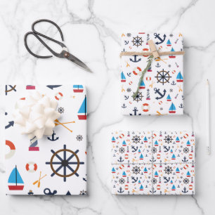 Feuille De Papier Cadeau Fun Nautical Sailboat Lighthouse Ocean Sea Motif
