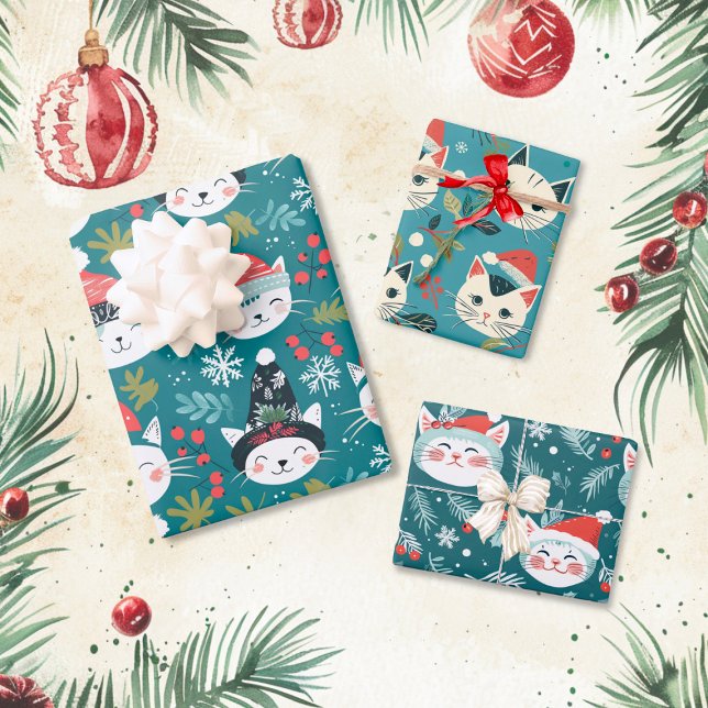 Feuille De Papier Cadeau Fun Retro Christmas Cats (Fun Retro Christmas Cats wrapping paper sheets)