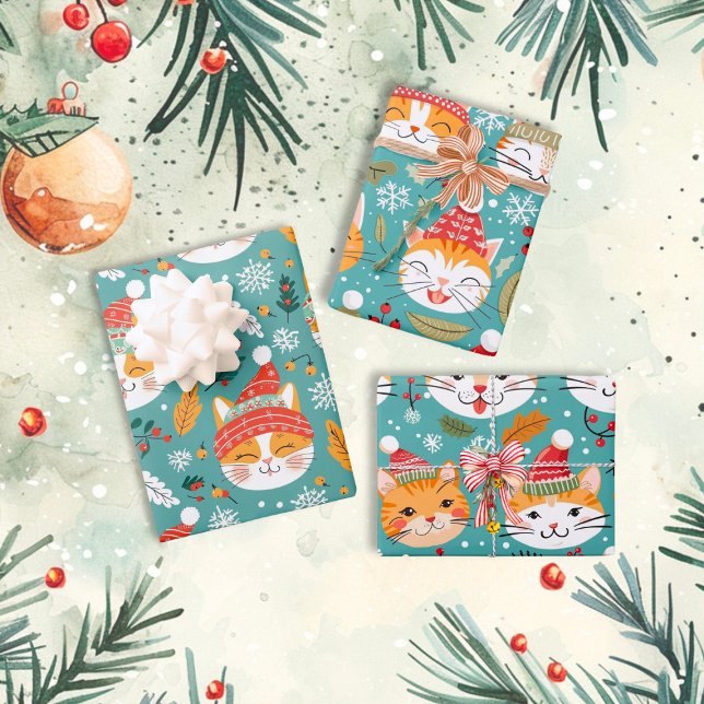 Feuille De Papier Cadeau Fun Retro Orange Chats Noël (Fun Retro Orange Christmas Cats wrapping paper sheets)