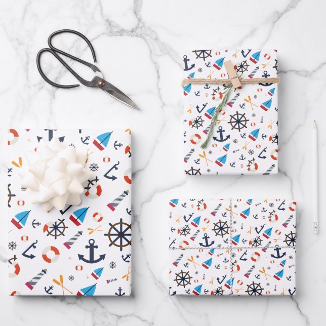 Feuille De Papier Cadeau Fun Ship Ahoy Voile Phare Nautique (Recto)