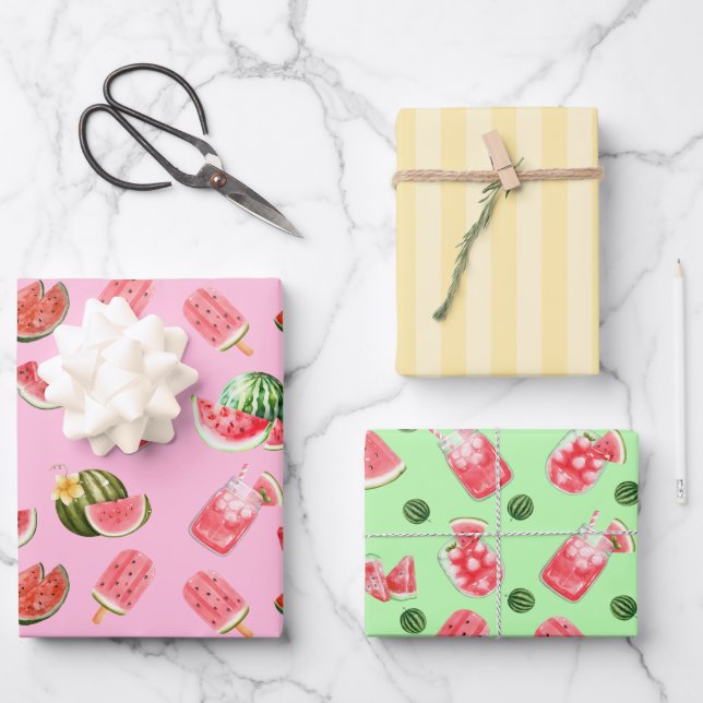 Feuille De Papier Cadeau Fun Summer Watermelon Boissons et Popsicles (Recto)