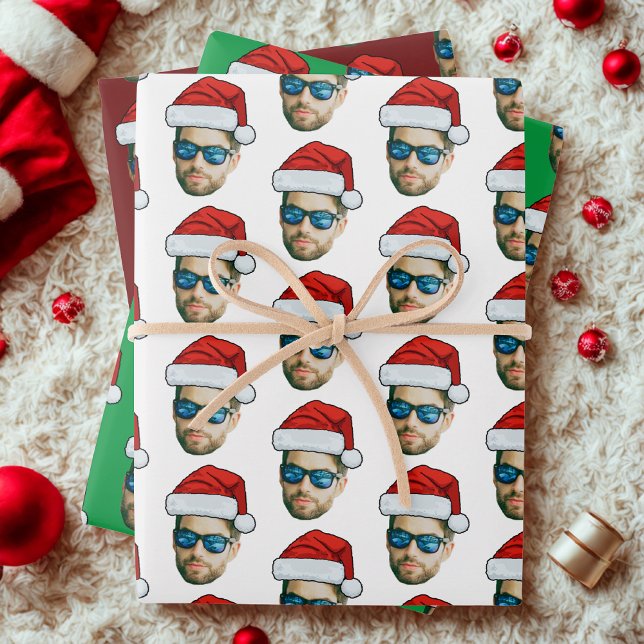 Feuille De Papier Cadeau Funky Custom Face Photo Père Noël Casquette Noël (Créateur téléchargé)