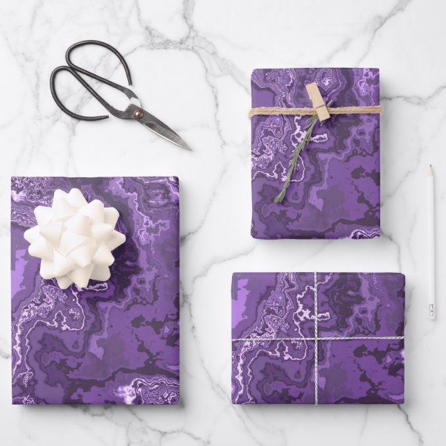 Feuille De Papier Cadeau Funky Trippy Boho Hippie Marbre violet monochrome (Recto)