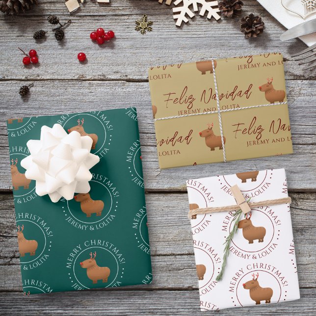 Feuille De Papier Cadeau Funny Capybara Reindeer Noël (Make every gift extra special with custom capybara reindeer wrapping paper collection!)