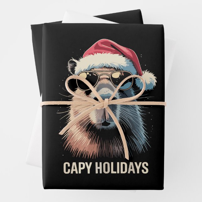 Feuille De Papier Cadeau Funny Christmas Capy Holidays Xmas Capybara  (En situation)