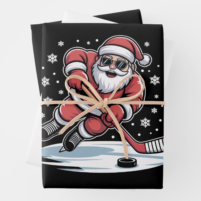 Feuille De Papier Cadeau Funny Christmas Santa Playing Ice Hockey Xmas  (En situation)