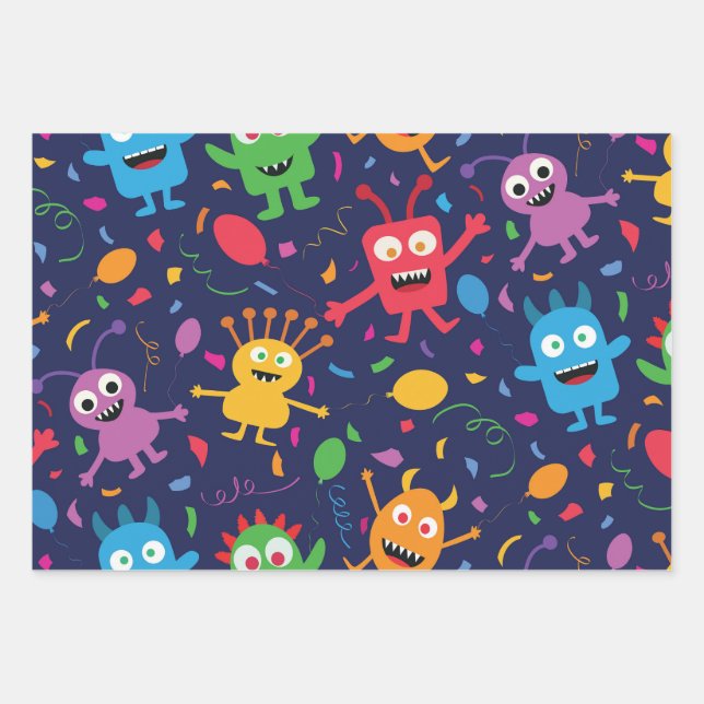 Feuille De Papier Cadeau Funny mignon Monstres Motif avec Ballons (Devant)