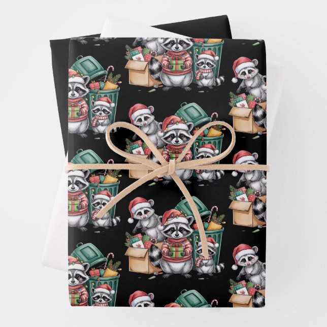 Feuille De Papier Cadeau Funny Raccoon Christmas Opossum & Street Cats (En situation)