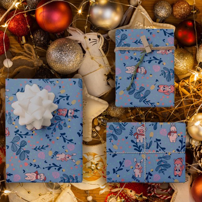 Feuille De Papier Cadeau Funny Woodland Friends  Blue Winter Forest Pattern (Créateur téléchargé)