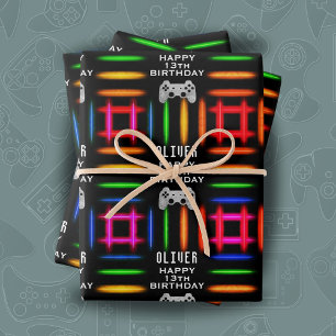Feuille De Papier Cadeau Gamer contrôleur de jeu vidéo Neon fête d'annivers