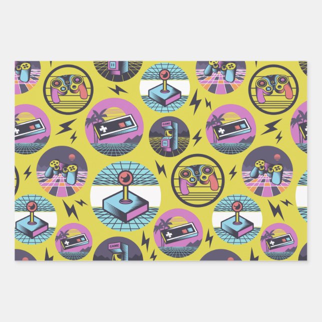 Feuille De Papier Cadeau Gamer Geek de jeu rétroactif des années 80 (Devant)