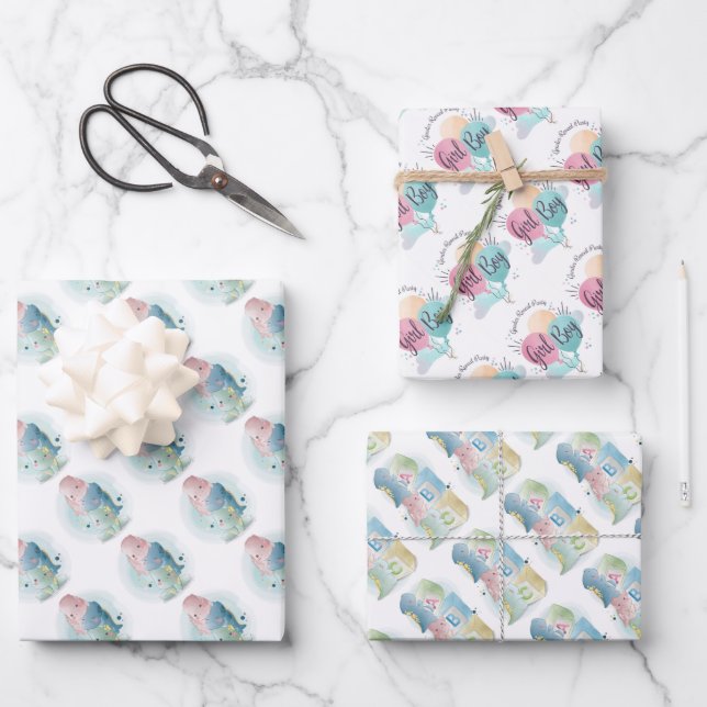 Feuille De Papier Cadeau Garçon ou fille avec bébé Dinosaures  (Recto)