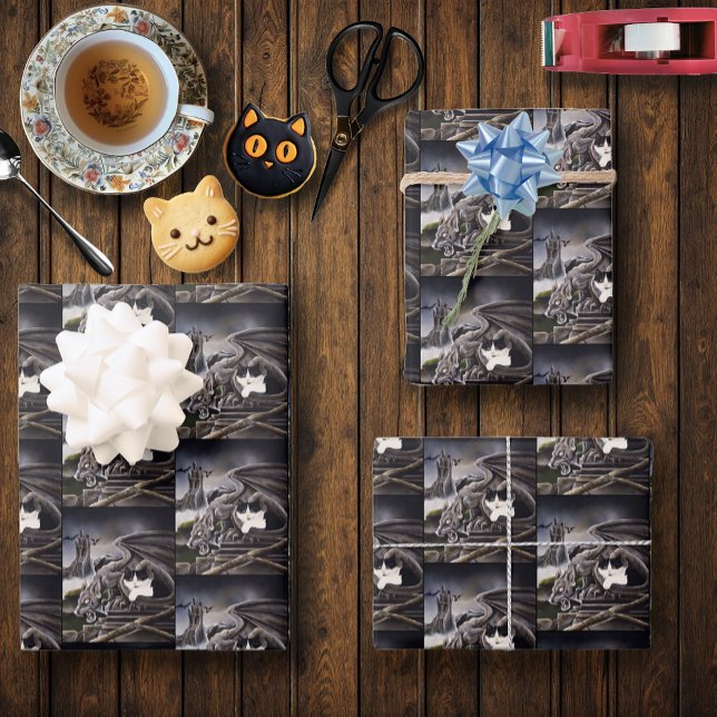 Feuille De Papier Cadeau Gargoyle noir blanc (Créateur téléchargé)