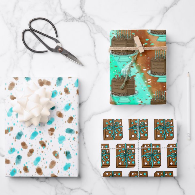 Feuille De Papier Cadeau gâteau au chocolat brun et Turquoise (Recto)