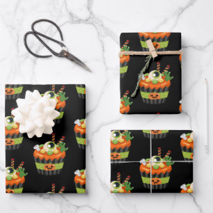Feuille De Papier Cadeau Gâteau cupcake d'Halloween mignon et effrayant ave