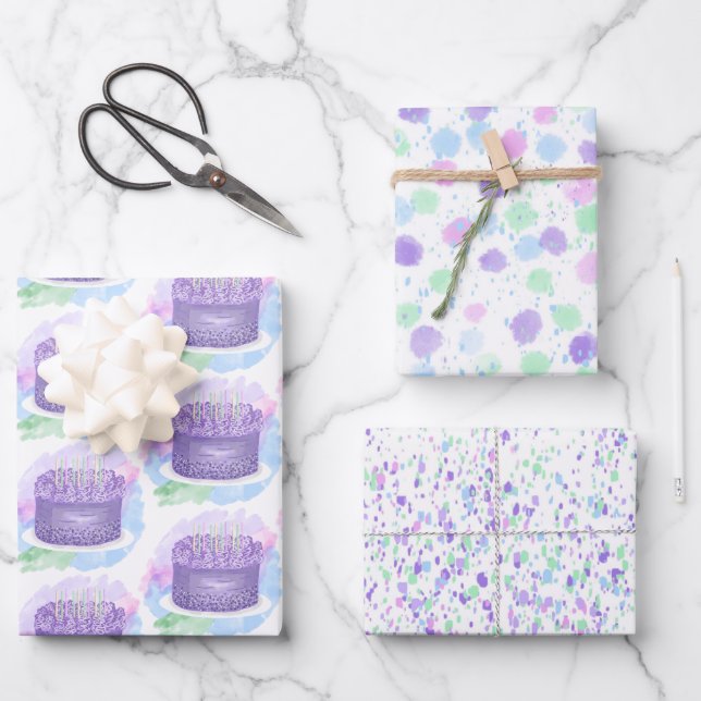 Feuille De Papier Cadeau Gâteau d'anniversaire Sage Green, Pastel Purple et (Recto)