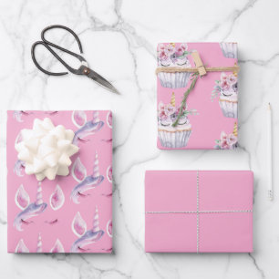 Feuille De Papier Cadeau Gâteau de Cupcake Floral Licorne Rose Anniversaire