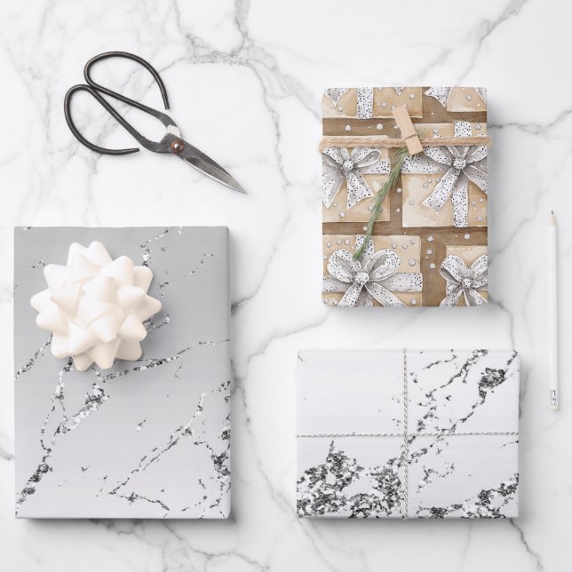 Feuille De Papier Cadeau Gâteau Glitzy Argent Blanc Ruban Anniversaire (Recto)