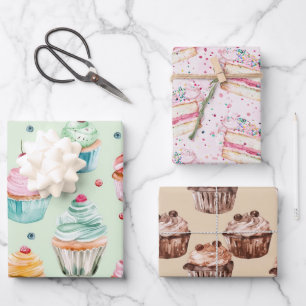 Feuille De Papier Cadeau Gâteau Menthe Rose Cupcakes Chocolat Anniversaire