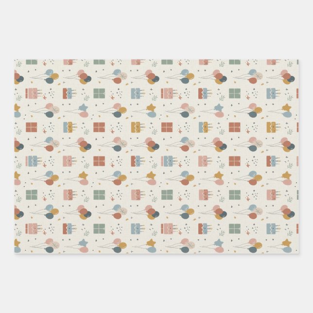 Feuille De Papier Cadeau Gâteaux pastel, ballons et confettis Scandi (Devant)
