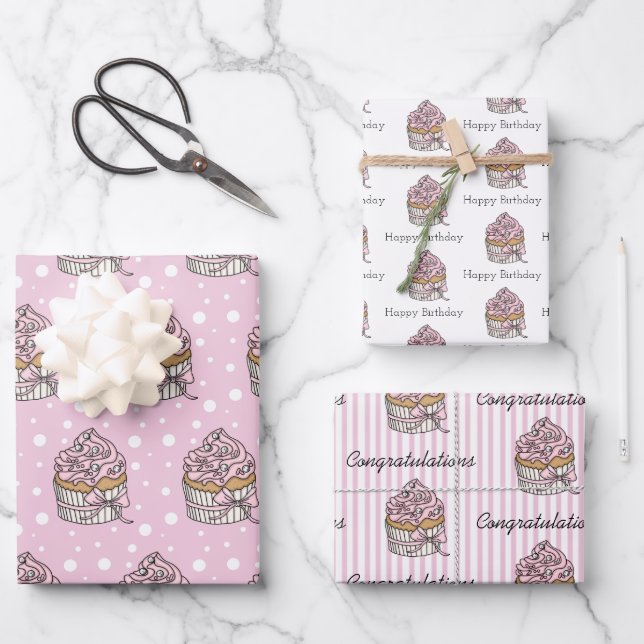 Feuille De Papier Cadeau Gâteaux roses et argentés (Recto)