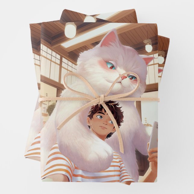 Feuille De Papier Cadeau Géant Fluffy : Selfie de chat blanc au café rétro (En situation)