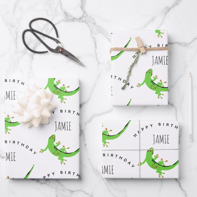 Feuille De Papier Cadeau Gecko Lizard Reptile Anniversaire Nom personnalisé (Recto)