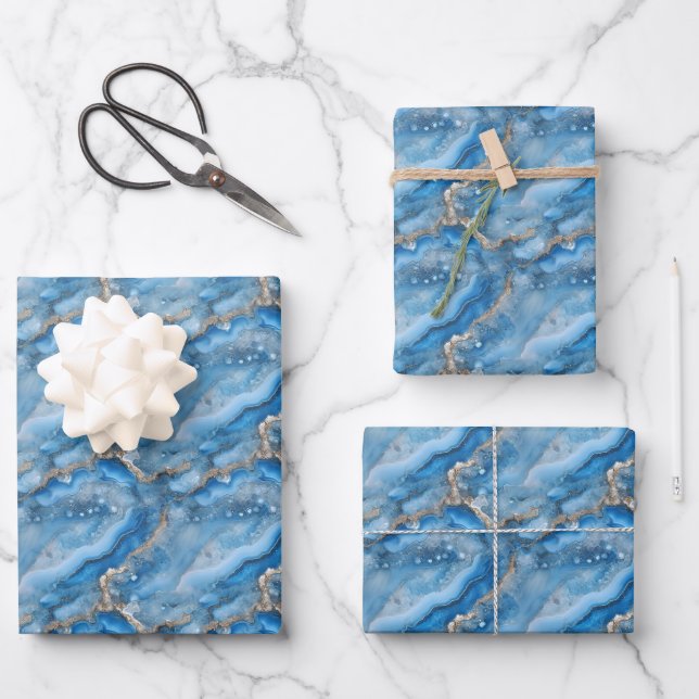 Feuille De Papier Cadeau Géode Bleu & Or  (Recto)