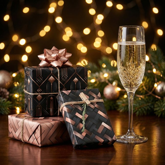 Feuille De Papier Cadeau Géométrie or rose sur la conception noir mat (Créateur téléchargé)